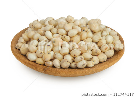 Sorghum seeds in wooden bowl isolated on white background with full depth of field. Sorghum seeds in wooden bowl isolated on white background with full depth of field. 111744117
