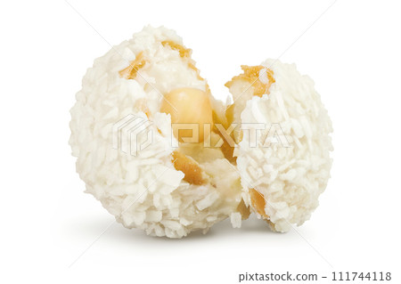 round candy raffaello with coconut flakes and nut isolated on white background 111744118