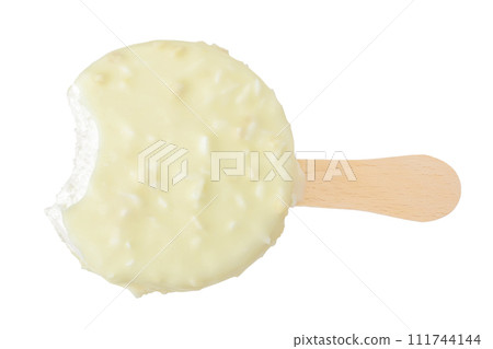 Bitten coconut Ice cream bar with white chocolate coating isolated on white background. Bitten coconut Ice cream bar with white chocolate coating isolated on white background. 111744144
