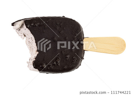 Bitten Ice cream bar with chocolate coating isolated on white background. Bitten Ice cream bar with chocolate coating isolated on white background. 111744221