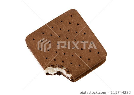 Ice cream sandwich with brown cookies isolated on white background. Top view. Flat lay Ice cream sandwich with brown cookies isolated on white background. Top view. Flat lay 111744223