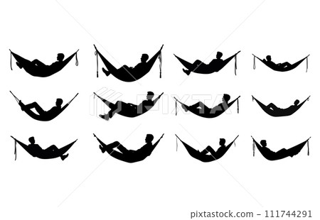 Man relax on hammock silhouette, Man relaxing lying in hammock. Vector silhouette 111744291