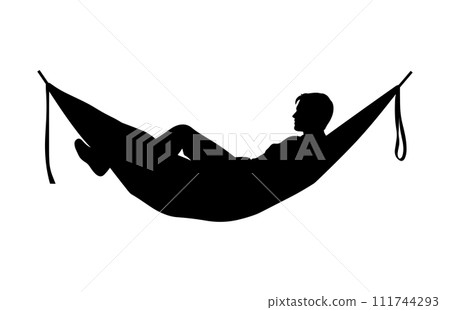 Man relax on hammock silhouette, Man relaxing lying in hammock. Vector silhouette 111744293