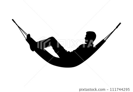 Man relax on hammock silhouette, Man relaxing lying in hammock. Vector silhouette 111744295
