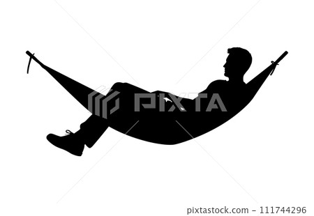 Man relax on hammock silhouette, Man relaxing lying in hammock. Vector silhouette 111744296