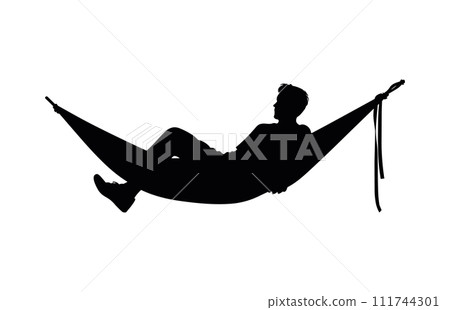 Man relax on hammock silhouette, Man relaxing lying in hammock. Vector silhouette 111744301