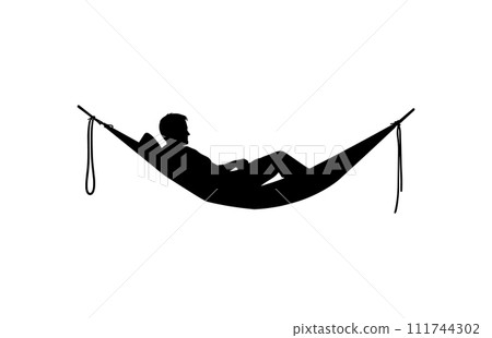 Man relax on hammock silhouette, Man relaxing lying in hammock. Vector silhouette 111744302