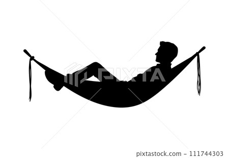 Man relax on hammock silhouette, Man relaxing lying in hammock. Vector silhouette 111744303