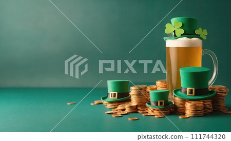 Glass of beer with golden coins and leprechaun hat standing on green table. Web banner with copy space. Concept of St. Patrick's Day. Template of Irish spring holidays. Ai generation Glass of beer with golden coins and leprechaun hat standing on green table. Web banner with copy space. Concept of St. Patrick's Day. Template of Irish spring holidays. Ai generation 111744320
