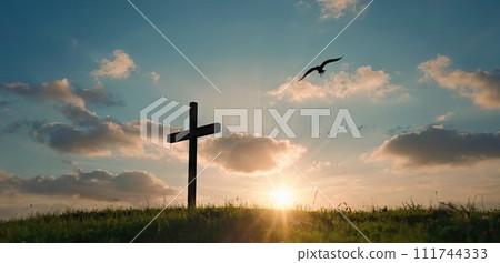 Banner of Christian religion. Silhouette of cross against the background of sunset in sky. Copy space. Concept of Easter and resurrection. Generative Ai 111744333