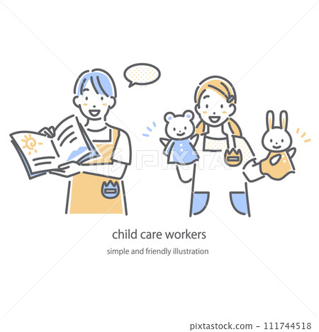 一幅簡單時尚的線條畫插圖,描繪了一位男女幼兒園老師快樂工作的情況 一幅簡單時尚的線條畫插圖,描繪了一位男女幼兒園老師快樂工作的情況 111744518