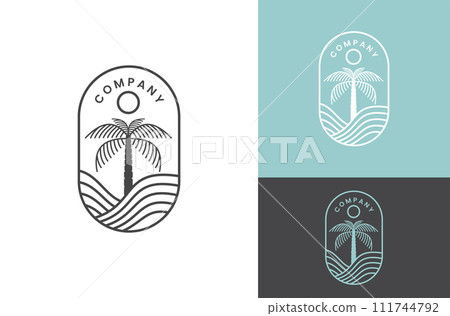 Palm tree island line logo with sunset illustration design, wave emblem design on white, blue and black background 111744792