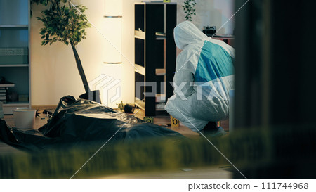 A forensic expert is collecting samples near a corpse in a body bag at the murder scene A forensic expert is collecting samples near a corpse in a body bag at the murder scene 111744968