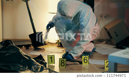 An attentive worker from the forensic laboratory is collecting evidence while examining the crime scene 111744971