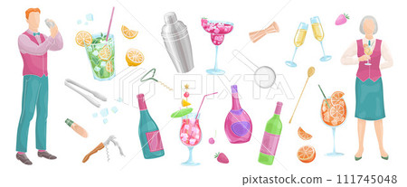 Male and female bartender with drinks, set elements about bar, cocktails, ice, corkscrew, shaiker, barman tools 111745048