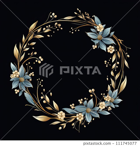 Flower wreath. Festive decoration for wedding and date on dark background. Concept of love and romance in golden and green color. Circle Floral bouquet ornament. AI Generated Flower wreath. Festive decoration for wedding and date on dark background. Concept of love and romance in golden and green color. Circle Floral bouquet ornament. AI Generated 111745077