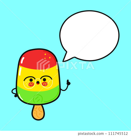 Ice cream with speech bubble. Vector hand drawn cartoon kawaii character illustration icon. Isolated on blue background. Ice cream character concept Ice cream with speech bubble. Vector hand drawn cartoon kawaii character illustration icon. Isolated on blue background. Ice cream character concept 111745512