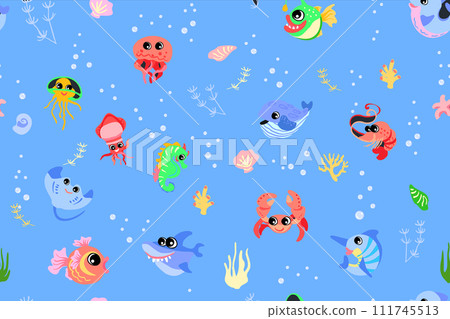 Seamless pattern with sea animals. Underwater for kids bedding fabric wallpaper wrapping and paper textile, t-shirt print Vector illustration.. Seamless pattern with sea animals. Underwater for kids bedding fabric wallpaper wrapping and paper textile, t-shirt print Vector illustration.. 111745513