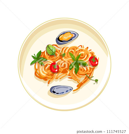 Paella with seafood in a plate. Cherry tomatoes with herbs and mussels. Healthy breakfast. Healthy eating. Vector illustration Paella with seafood in a plate. Cherry tomatoes with herbs and mussels. Healthy breakfast. Healthy eating. Vector illustration 111745527