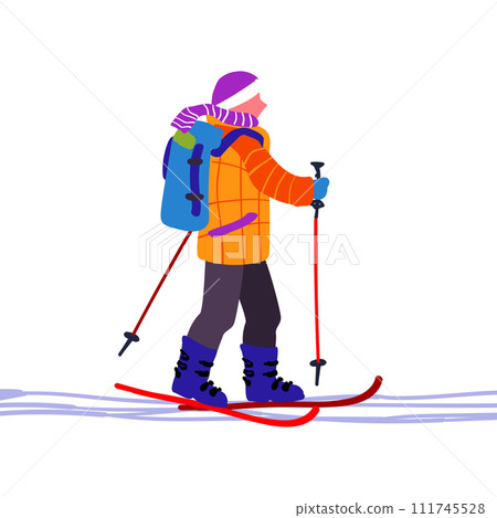 A man on a ski trip. Mountain landscape with ski tracks. Winter holidays and travel. Minimalism. Vector illustration. A man on a ski trip. Mountain landscape with ski tracks. Winter holidays and travel. Minimalism. Vector illustration. 111745528