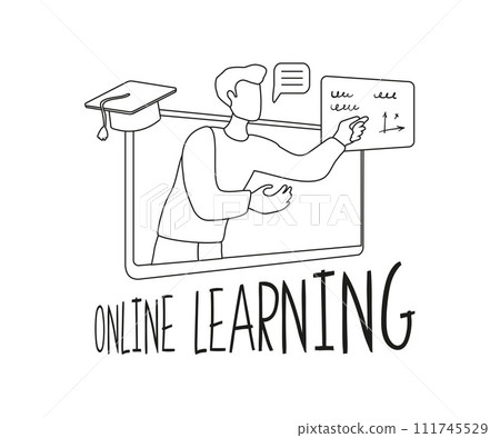 Online learning. Male teacher teaches online. Professor at remote work. Minimalism. Linear vector illustration. Online learning. Male teacher teaches online. Professor at remote work. Minimalism. Linear vector illustration. 111745529