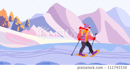 An elderly man on a ski trip. Mountain landscape with ski tracks. Winter holidays and travel. Minimalism. Vector illustration. 111745530