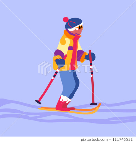 An adult gray-haired lady on a ski trip. Winter holidays and travel. Minimalism. Vector illustration. 111745531