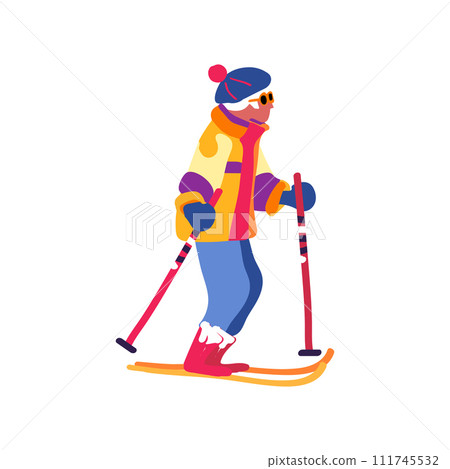 An adult gray-haired lady on a ski trip. Winter holidays and travel. Minimalism. Vector illustration. 111745532
