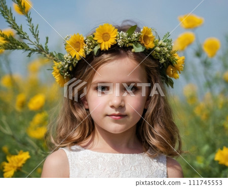 Portrait of a girl with yellow flowers. 111745553