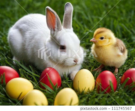 Easter bunny and little chick on a green meadow. Easter bunny and little chick on a green meadow. 111745567