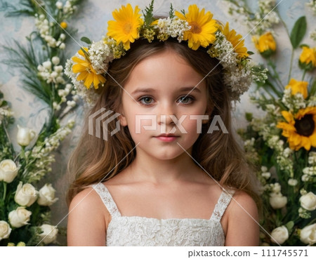 Portrait of a girl with yellow flowers. 111745571