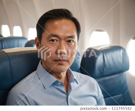 Portrait of an adult Asian man wearing a dress shirt on an airplane. 111745582