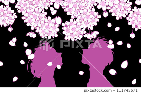 Illustration of a man and a woman facing each other under cherry blossoms at night Illustration of a man and a woman facing each other under cherry blossoms at night 111745671