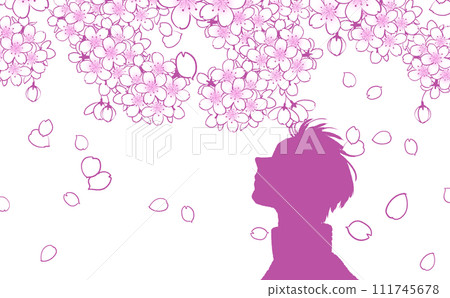 Illustration of a boy looking up at cherry blossoms Illustration of a boy looking up at cherry blossoms 111745678