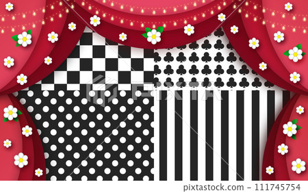 White flowers and curtain red and playing card motif clover retro pattern 111745754