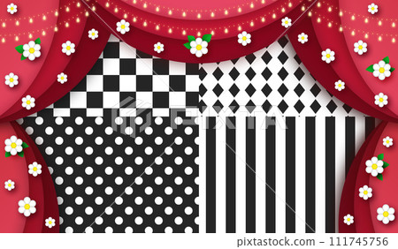 White flowers, red curtains, and playing card motif diamond retro pattern 111745756
