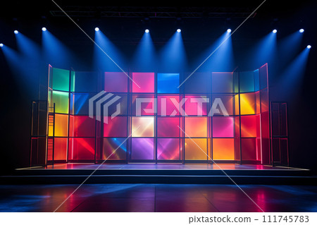 Modern dance stage light background with spotlight illuminated for modern dance production stage. Empty stage with creative lighting. Stage lighting art design. Entertainment show. Generative AI. Modern dance stage light background with spotlight illuminated for modern dance production stage. Empty stage with creative lighting. Stage lighting art design. Entertainment show. Generative AI. 111745783