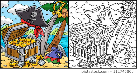 Pirate Treasure, Hat, and Cutlass Illustration 111745803