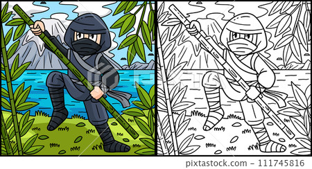Ninja with a Bamboo Pole Coloring Illustration Ninja with a Bamboo Pole Coloring Illustration 111745816