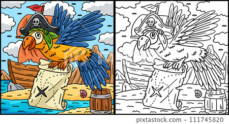 Pirate Parrot with a Map Coloring Illustration 111745820