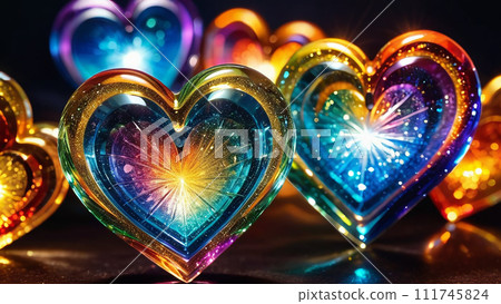 Magical hearts, made out of transparent multicolored glass, light shines 111745824