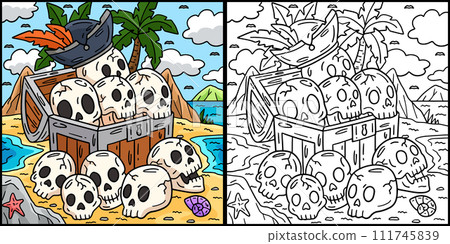 Pirate Chest with Skulls Coloring Illustration Pirate Chest with Skulls Coloring Illustration 111745839