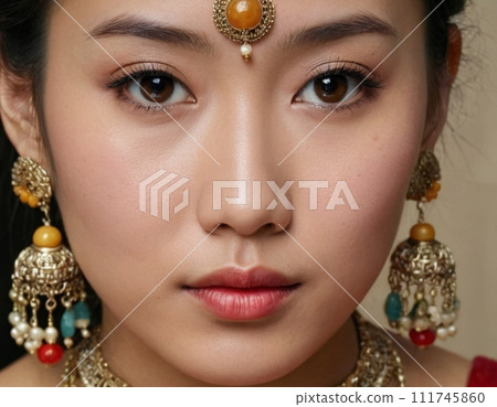 Young woman wearing precious Indian jewelry. 111745860