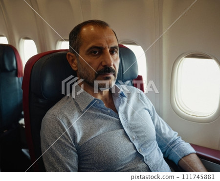 Portrait of a relaxed Armenian man on an airplane. 111745881