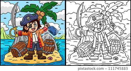 Pirate Captain on an Island Coloring Illustration 111745883