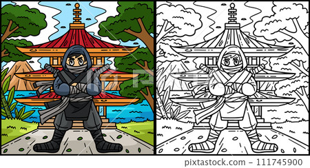 Ninja in front of Pagoda Coloring Illustration Ninja in front of Pagoda Coloring Illustration 111745900