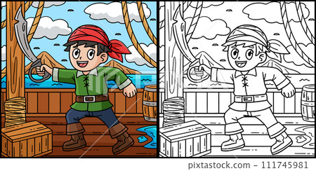 Pirate Holding Cutlass Coloring Page Illustration 111745981