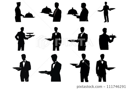 Waiter Serving Dish food Cover Dome silhouette. Sign hand of waiter with serving tray. Waiter serving. 111746291