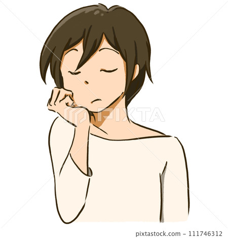 一個女人靠著下巴閉上眼睛的插圖 一個女人靠著下巴閉上眼睛的插圖 111746312
