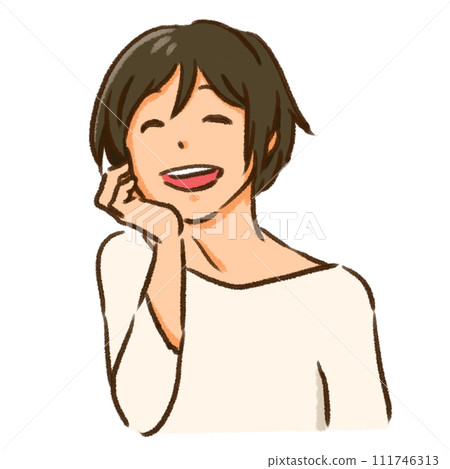 一個女人微笑著下巴休息的插圖 一個女人微笑著下巴休息的插圖 111746313